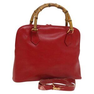 GUCCI Bamboo Hand Bag Leather Red Gold 000